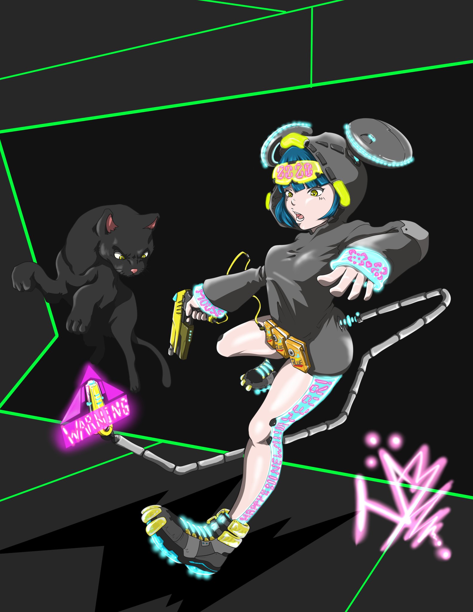 青木 伴イラストレーター ご依頼受付中 近未来風ねずみ娘真バージョン 高性能ねずみスーツを試着してみたところ 尻尾の危険物察知装置が何故か猫に反応しドタバタしているところ 個人的に気に入っているのは未来銃っぽいグルーガンと光る靴ですね