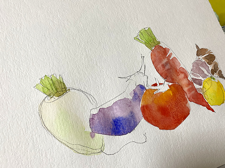 「冬野菜。ザクザクと描きます。 #Watercolor #スケッチ #水彩画 #ワ」|わへい水彩画@京都水彩画塾塾長のイラスト