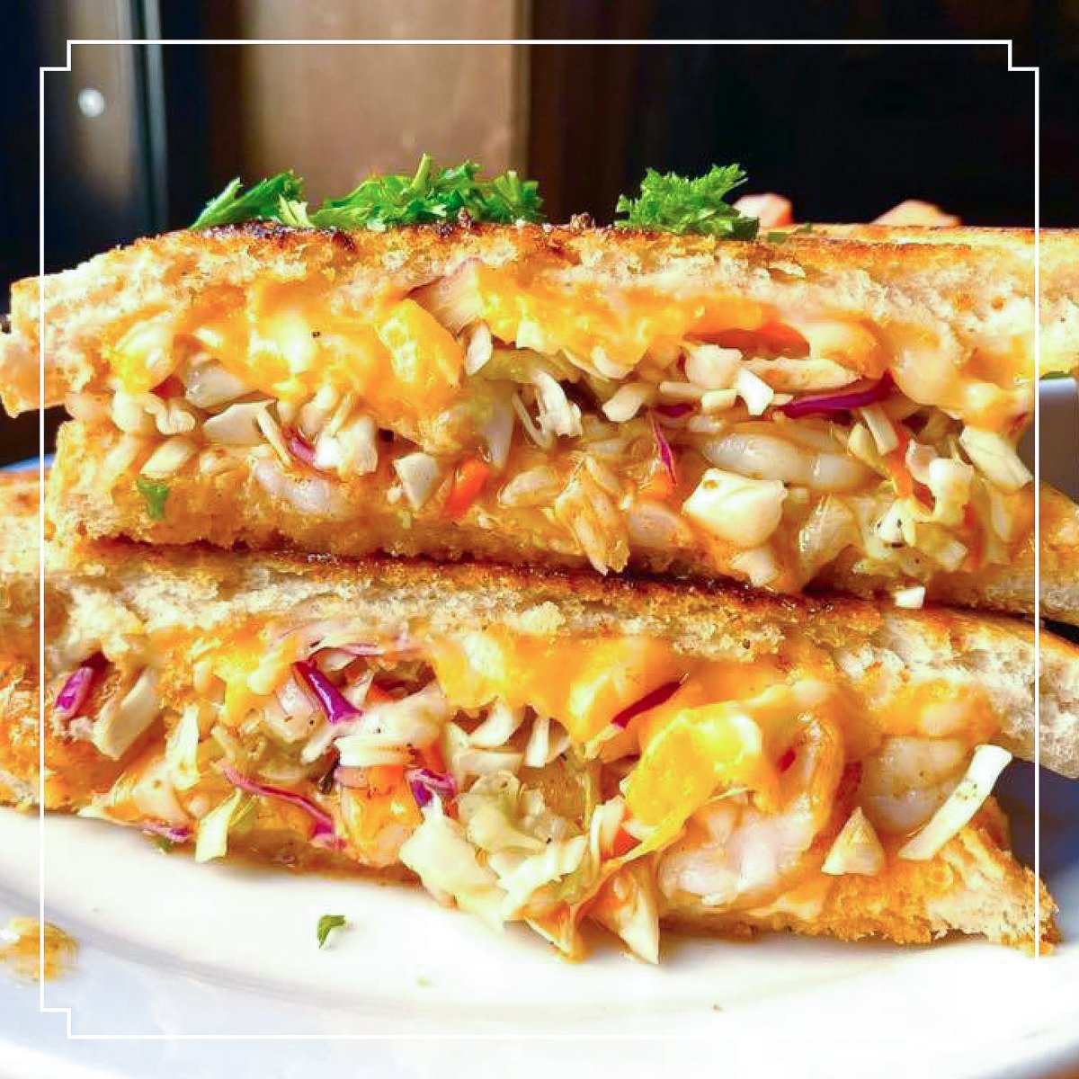 vicstavern's tweet photo. #GC365 is like a box of chocolates—you never know what you're gonna get.⁣
⁣
GC of the day is creole shrimp, sesame slaw, and mixed cheese! The Benjamin Buford "Bubba" Blue special. ⁣
⁣
#vicstavern #comfortfood https://t.co/52ypSmaT2O