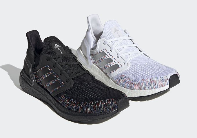 Multicolor thread stitches across two adidas Ultra Boost 20s>bit.ly/2BM2rji