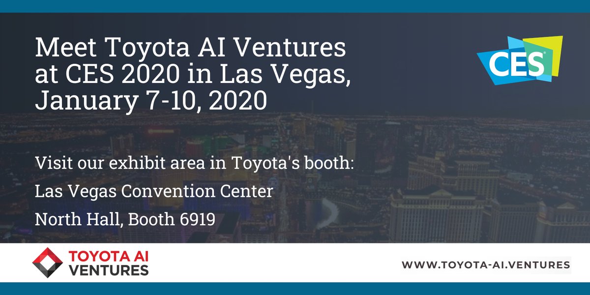 Toyota_Ventures's tweet image. Looking forward to #CES2020 next week. We'll be exhibiting in the @Toyota booth, along with three of our portfolio companies: @intuitionrobo, @May_Mobility, @perceptive_auto. Stop by to see us in the LVCC North Hall, Booth 6919!