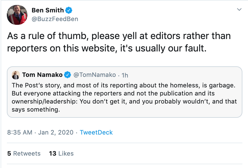adamjohnsonCHI's tweet photo. breaking my twitter fast just to say professional norms are going to get us all killed and the idea reporters have no moral responsibility to not incite against the homeless in glib, self-serving bullshit. Tom here worked at NYPost and I'm sure many of Ben's buddies have too. https://t.co/Jbkg4bYCli