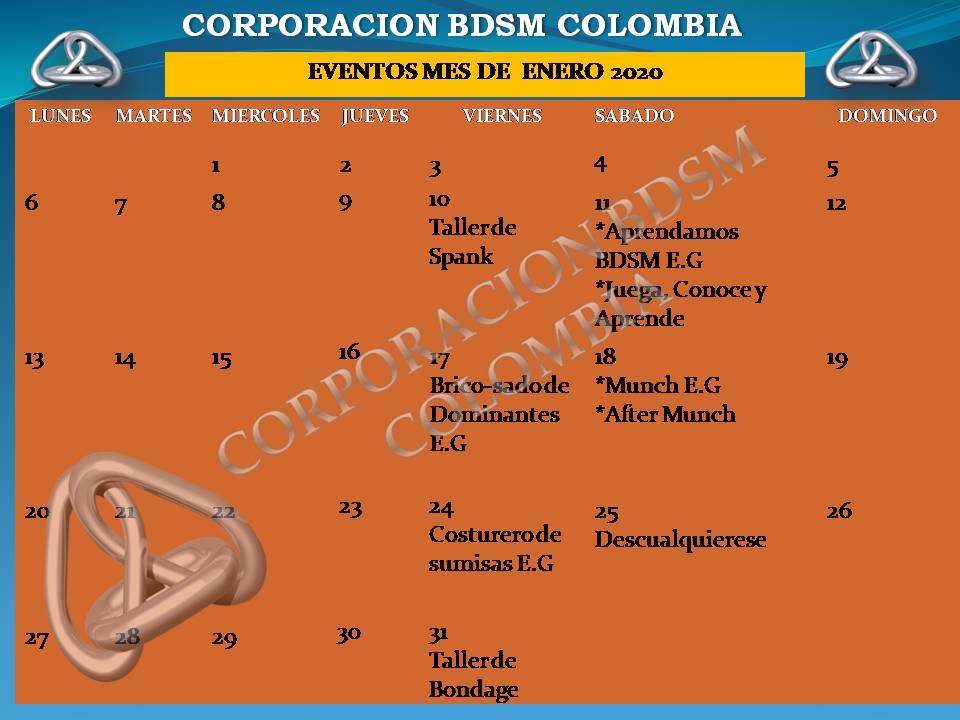 corporacionbdsm's tweet photo. Eventos para enero 2020 #tallerdespank #aprendamosBDSM #JuegaconoceyaprendeBDSM #BricosadodeDominantes #Munch #AfterMunch #Costurerodesumisas #Descualquierese #comunidadBDSM #ColombiaBDSM #BDSMColombia #BDSM #CORPORACIONBDSMCOLOMBIA https://t.co/ydDSWFo12L E.G: Evento Gratuito https://t.co/m9jaVK9t1X