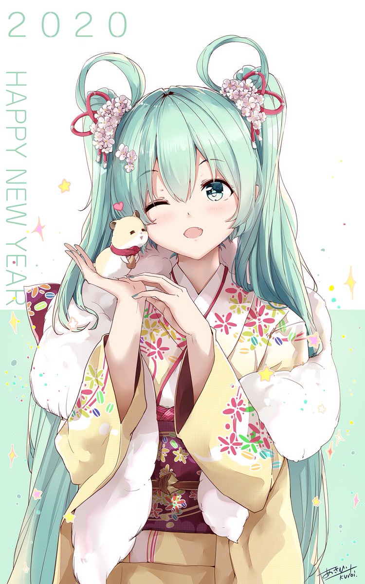 hatsune miku 1girl one eye closed japanese clothes long hair kimono hair ornament open mouth  illustration images