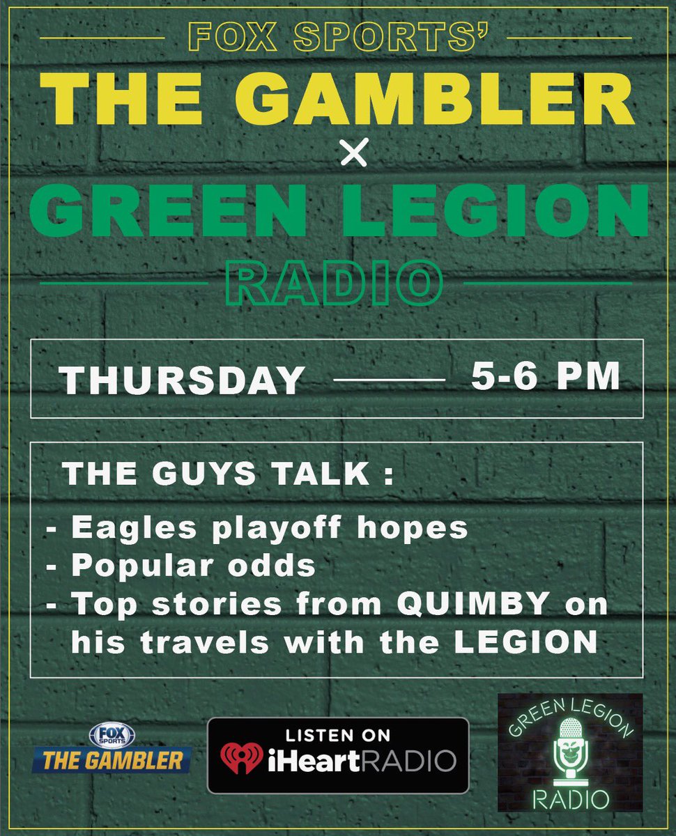 FoxPHLGambler's tweet photo. 5pm @greenlegion joins the #DailyTicket to discuss all things #Eagles, #NFL odds, #SlapThatBag &amp; story-time with Quimby. Stream us on the @iHeartRadio app. https://t.co/QM1paQfn26