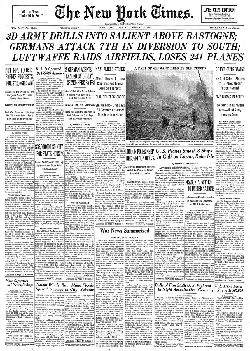 Jan. 2nd, 1945: 3D Army Drills Into Salient Above Bastogne; Germans Attack 7th in Diversion to South; Luftwaffe Raids Airfields, Loses 241 Planes  https://nyti.ms/2MG8xYf 