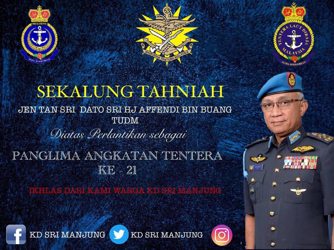 Setinggi-tinggi TAHNIAH kepada YBhg Jeneral Tan Sri Dato' Sri Hj Affendi bin Buang TUDM, Panglima Angkatan Tentera ke-21. Moga terus maju jaya Panglima!

@VeeraSubbiah @tldm_rasmi @PsstldmOfficial

#MAFUpdate
#NavyWishes
#NavyReservist
#KDSRIMANJUNG