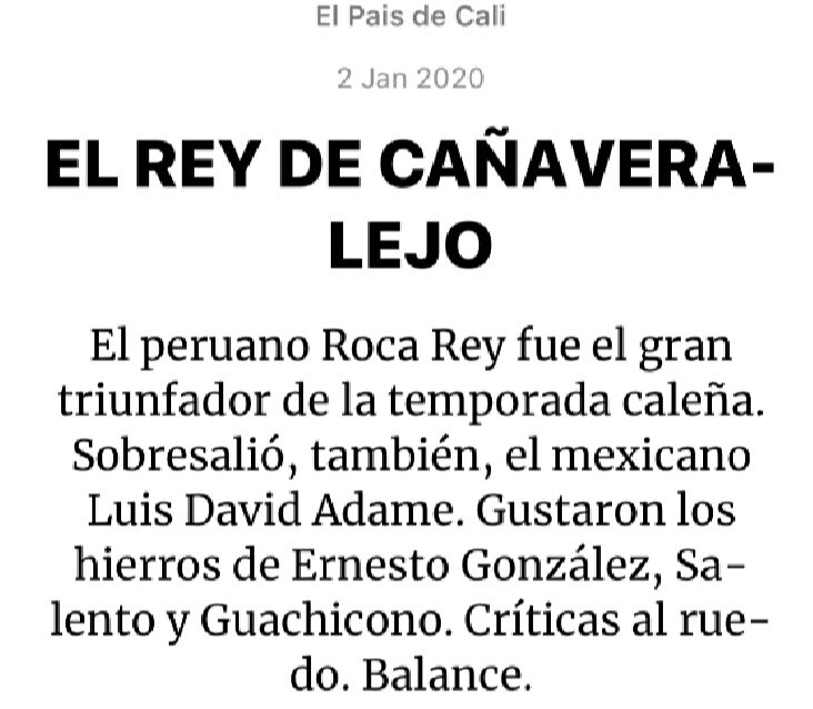 AndresistasR's tweet photo. El triunfo absoluto de @RocaRey en la Feria Taurina en @TorosenCali destacado hoy en el diario @elpaiscali. https://t.co/Koj1EG9ObG