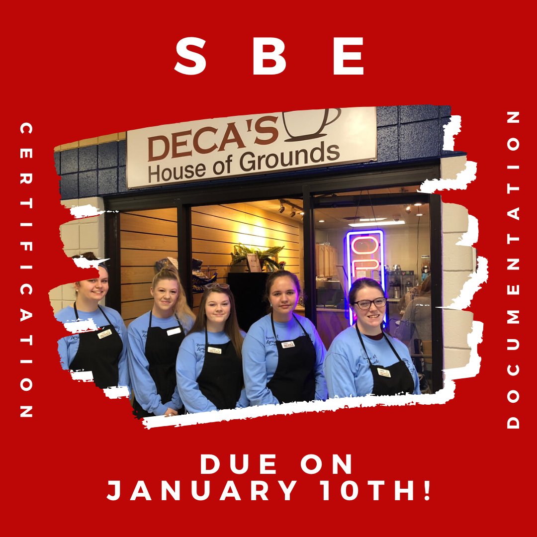 DECA_Washington's tweet photo. Just a week away from the SBE Certification deadline! Make sure to get all the finishing touches done and turned in by January 10th! https://t.co/Q2jMZrJkH5