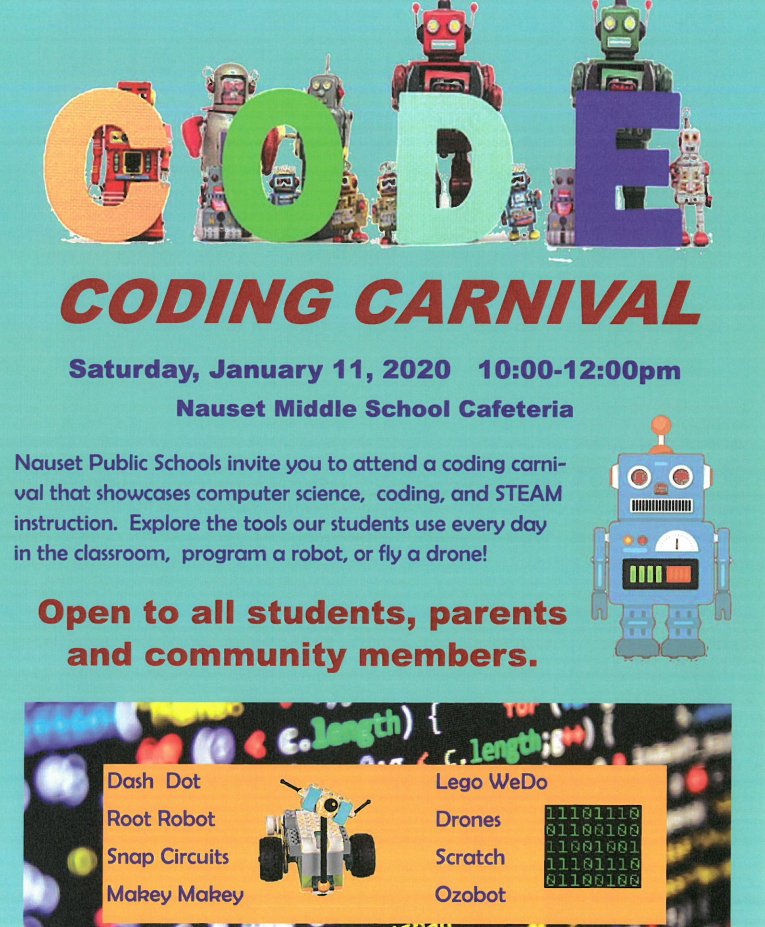 NausetTechDept's tweet image. Come to the Coding Carnival on Saturday, January 11th at NRMS! #codingcarnival #coding #computerscience