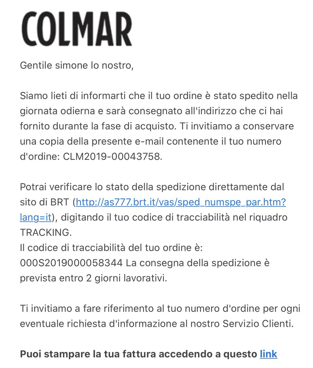 ⁦<a href="/ColmarSport/">Colmar Sport</a>⁩ mi avete dato un codice per tracciare il pacco di 17 cifre, il sito ne prevede o uno da 19 o uno da 12... in più o pagato per consegna in 1 o 2 giorni lavorativi e arriverà forse in 3 se non di più... CEx rivedibile direi...