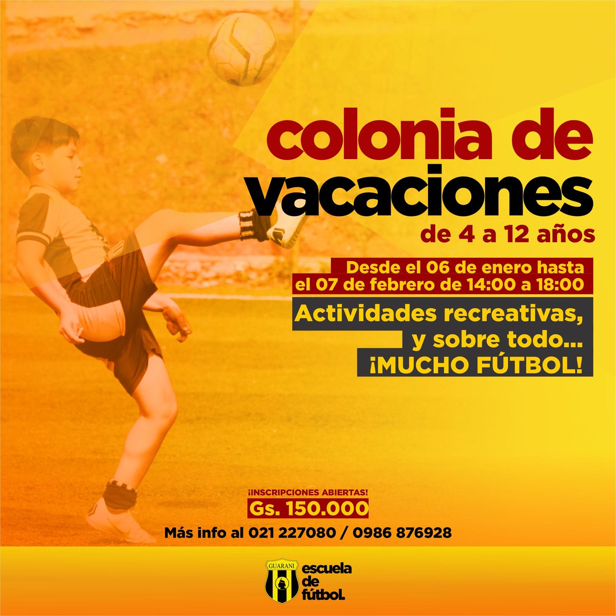 ClubGuarani's tweet photo. ¡Arranca la Colonia de Vacaciones de los #MiniLegendarios! 

Mucha diversión, nuevos amigos y mucho fútbol desde este lunes en Dos Bocas 🎉

¡Te esperamos! 😉 https://t.co/MrNGQDUnSa