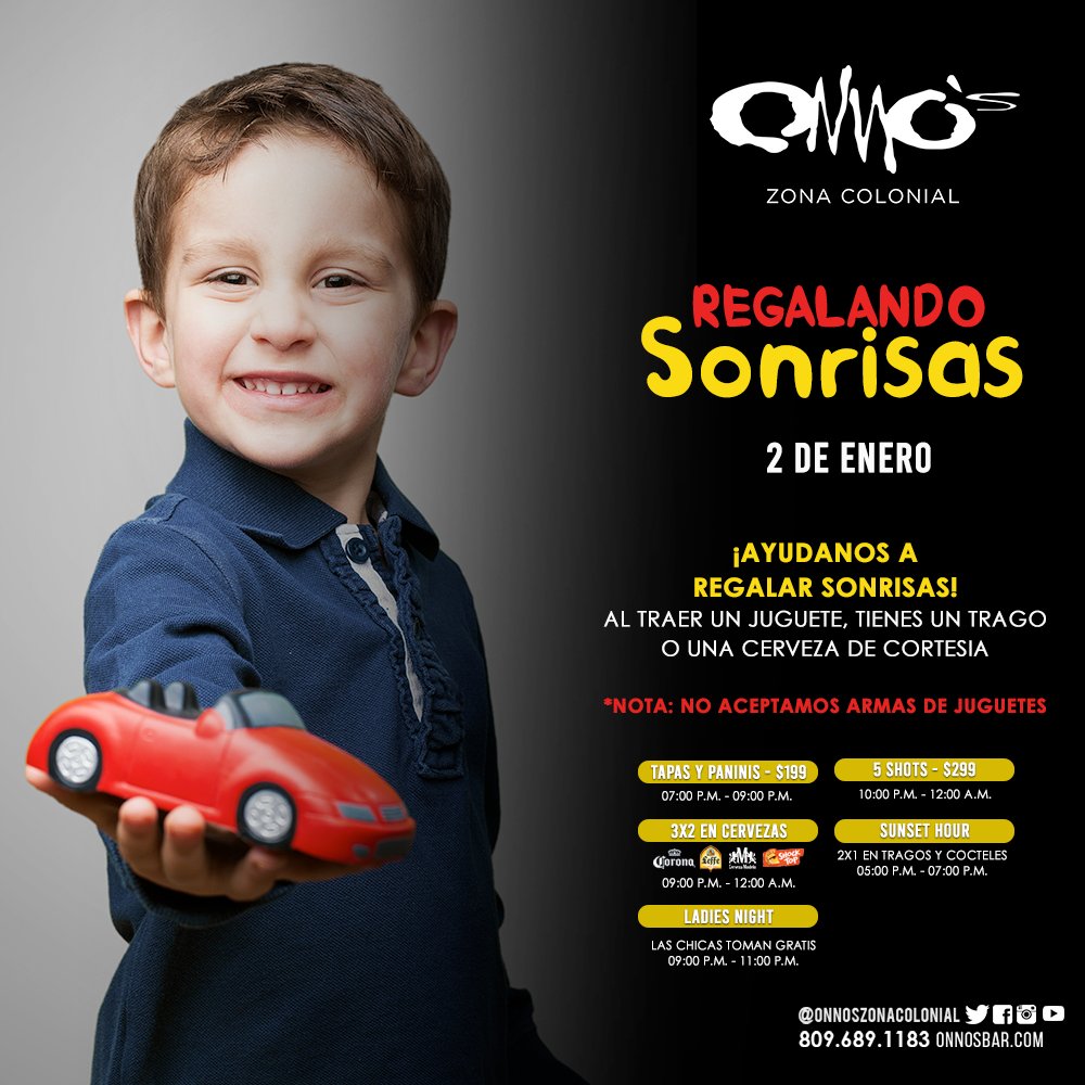 Trae un juguete nuevo y recibes un trago o cerveza de cortesía. C. Hostos #157 Zona Colonial tel.809-689-1183 Regala sonrisas a niños que lo necesitan, trayendo un juguete alegras enormemente la vida de un pequeño!
Puedes incluir tus niños solo horario (5a7pm niños). <a href="/OnnosBarzc/">Onno's Zona Colonial</a>