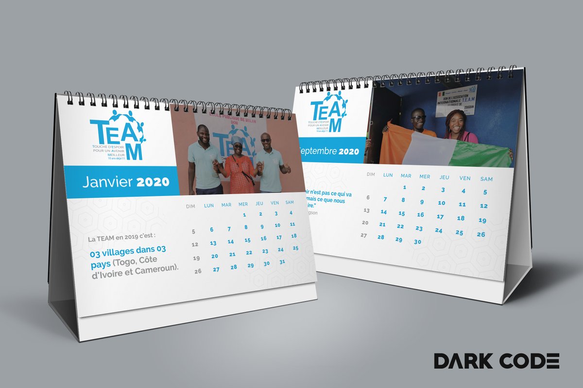 DarkCodeCompany's tweet photo. Nous sommes fiers de vous présenter le calendrier 2020 que nous avons réalisé pour l'association @TEAM_by_U (Touche d'Espoir pour un Avenir Meilleur).
#OurLatestWork #Dark_Code https://t.co/JLXGLtdukj