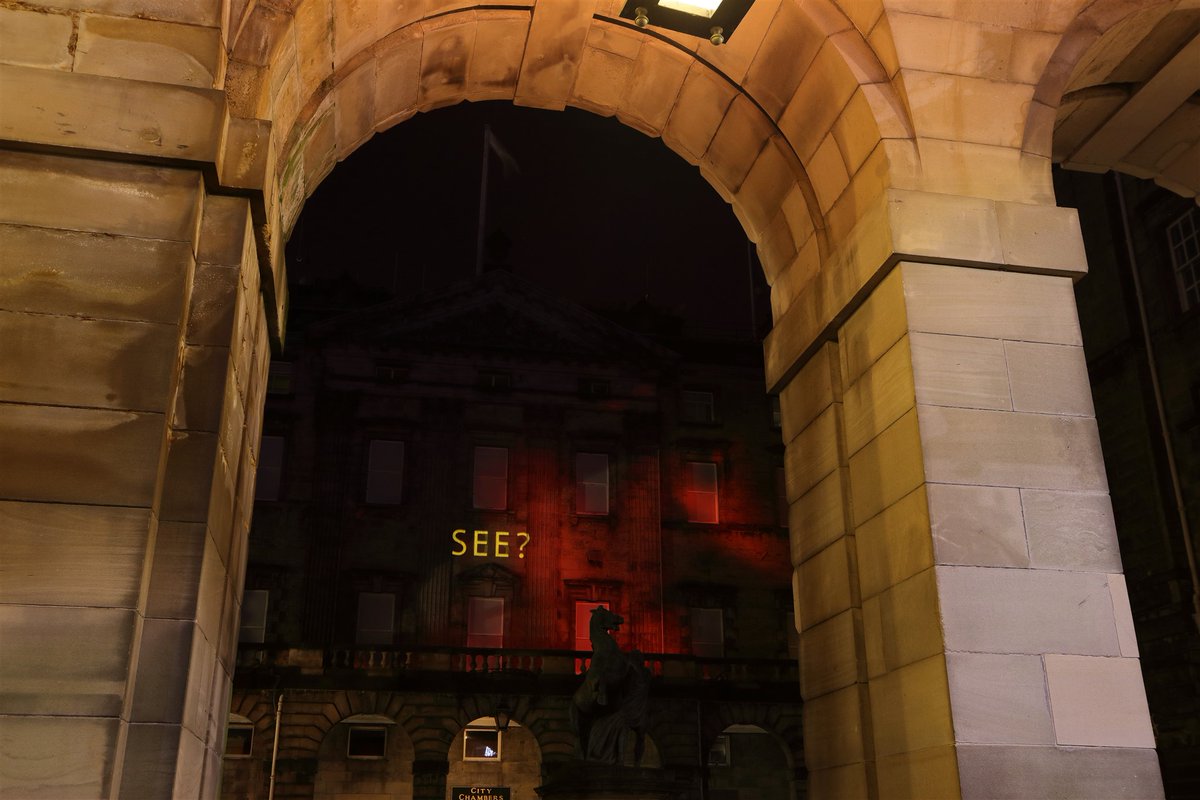 MrGGaw's tweet photo. Projected on to the City Chambers, "Sugar for Your Tea" reflects on the darker side of Scotland's maritime history. Written by Kayus Bankole, film by @riannelwhite (https://t.co/JnV3g3eFR8), music by @Youngfathers. Brilliant. #MessageFromTheSkies #Shorelines #EdHogmanay https://t.co/EPehfbqP0g