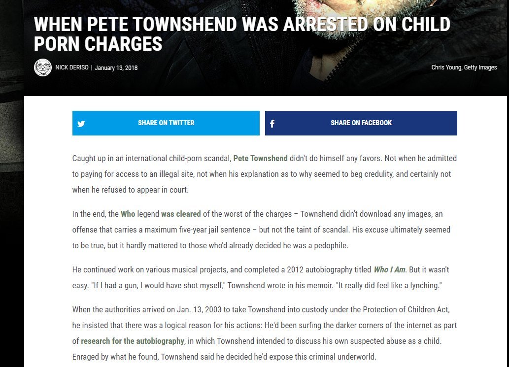6. The WhoTalking about his arrest for child pornography, Townshend described his decision to pay $7 to download images of abused youngsters was 'insane' but said he had been trying to investigate the industry.