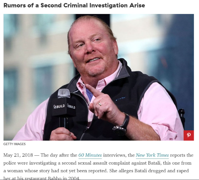 9. Mario BataliRumors of the chef's misconduct had plagued his career for decades, but it wasn't until last year's Eater exposé that his entire empire came crumbling down.