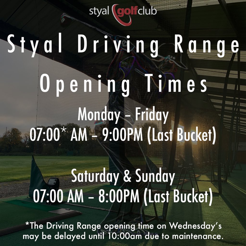 styalgolf's tweet photo. Now that the festive period has come to an end, @styalgolfclub is back to normal opening hours!
Monday - Friday 07:00AM-9:00PM (Last Bucket)
Saturday & Sunday 07:00AM - 8:00pm (Last Bucket)
#styalgolfclub #learnplaylove #switchoffwithgolf #2020 https://t.co/M5a0XJCSIC