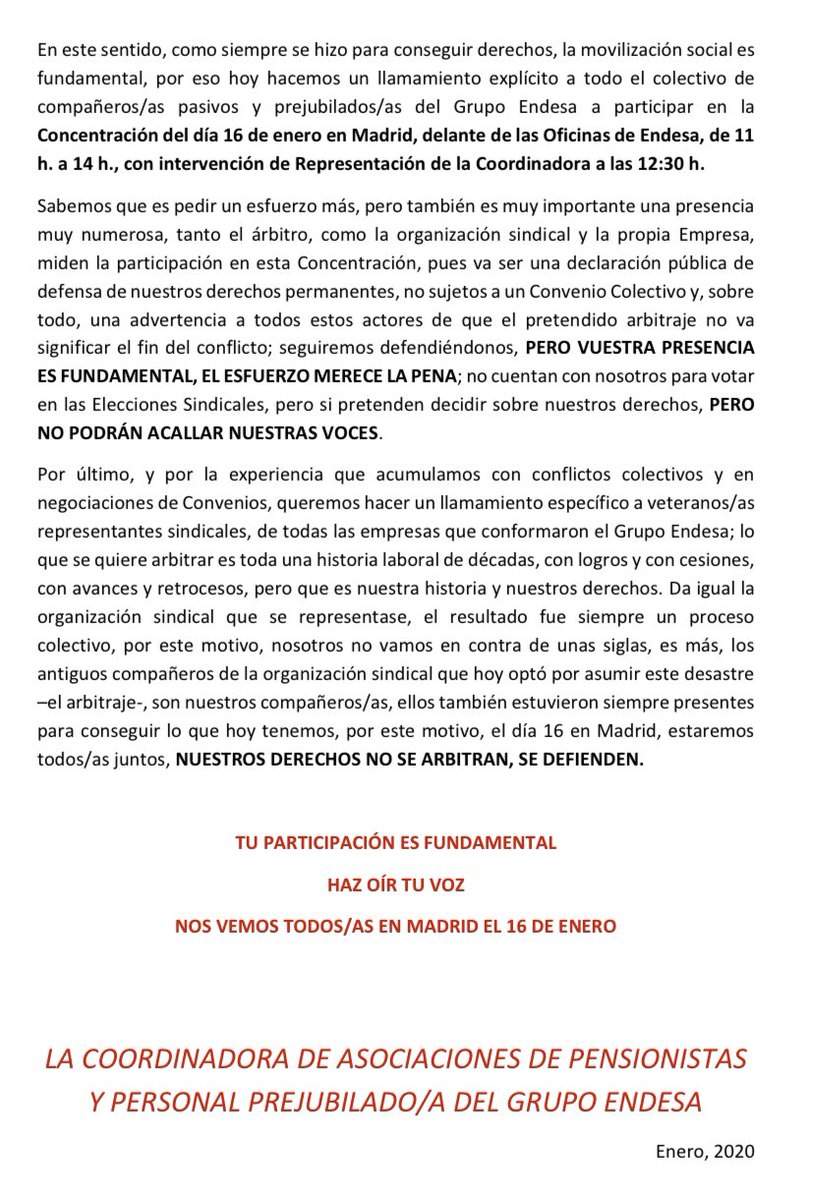 ccooendesa's tweet photo. Compañeros jubilad@s y prejubilad@s de #Endesa convocan concentración:
📌 16 de enero
📌delante de las Oficinas de #Endesa en Madrid
📌de 11 h. a 14 h.

¡Di stop 🛑 a la amenaza histórica sobre nuestro modelo de #relacioneslaborales! ¡No permitas más recortes y precarización! https://t.co/YlnbK2OpNL