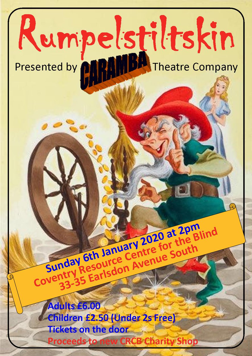 At CRCB the Christmas fun isn't over yet! ☃️Join us at 2pm this Sunday 5th January to see <a href="/Caramba_Theatre/">Caramba Theatre Co</a>
panto Rumpelstiltskin🎭Tickets on the door: £2.50 for children (under 2s free) £6 for adults. Proceeds go to our new Charity Shop! Spread the word😊<a href="/ECHOCommNews/">ECHO Community News</a> #panto