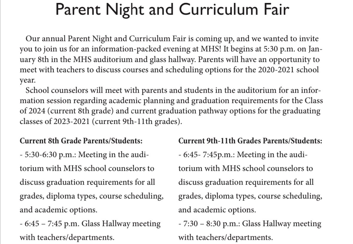 Reminder for students in grades 8-11:  Wednesday is the MHS Curriculum Fair!