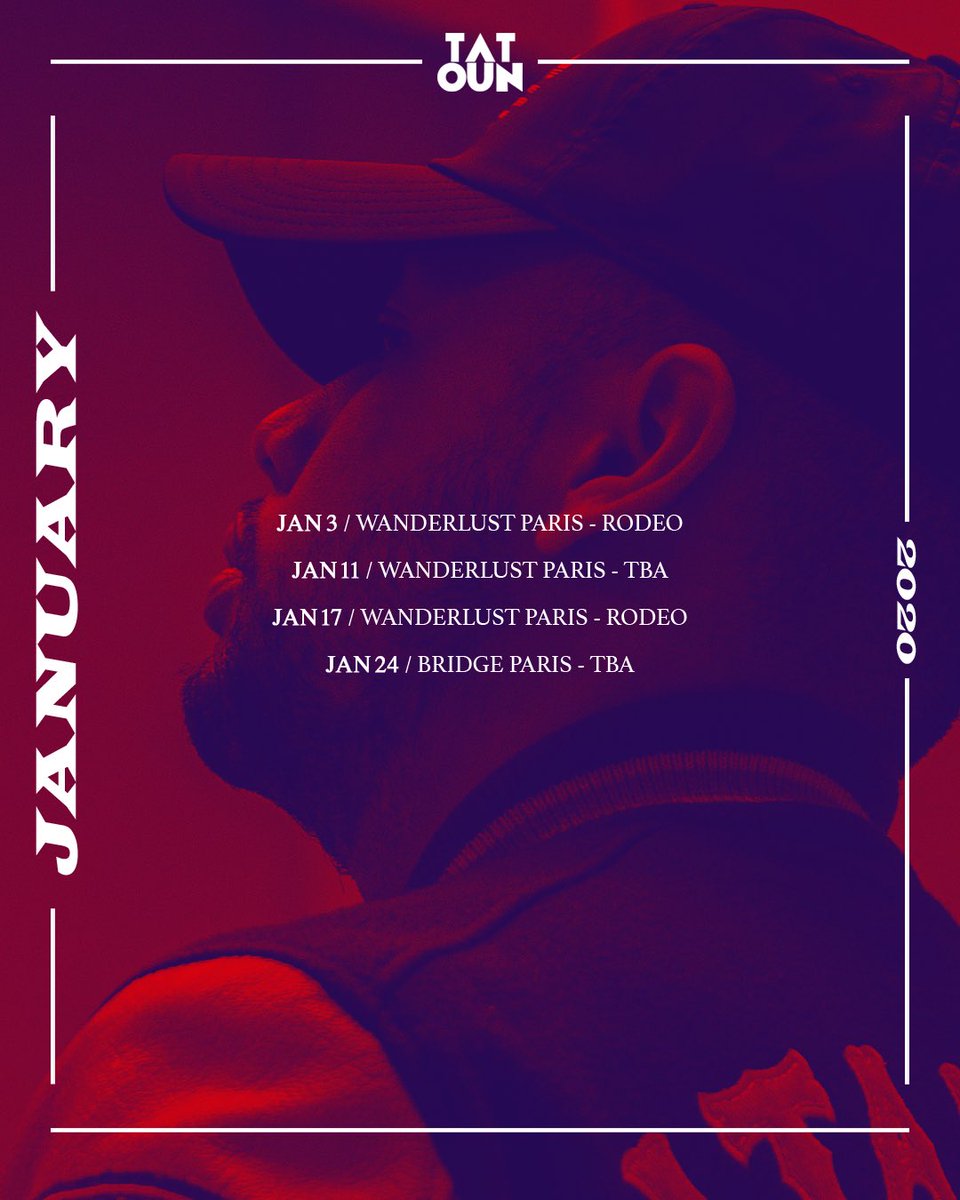 let’s start 2020: ⁣⁣⁣
⁣⁣
𝟬𝟯.𝟬𝟭 - rodeo @ <a href="/wanderlustparis/">Wanderlust Paris</a> ⁣⁣⁣
𝟭𝟭.𝟬𝟭 - tba @ <a href="/wanderlustparis/">Wanderlust Paris</a> ⁣⁣⁣
𝟭𝟳.𝟬𝟭 - rodeo @ <a href="/wanderlustparis/">Wanderlust Paris</a> ⁣⁣⁣
𝟮𝟰.𝟬𝟭 - tba @ bridge paris