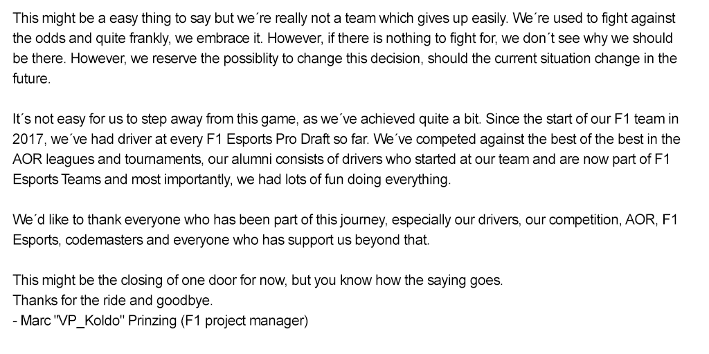 Announcement: End of our @Formula1game involvement.

A wholeheartedly thank you to everyone who has been part of this journey!🤝