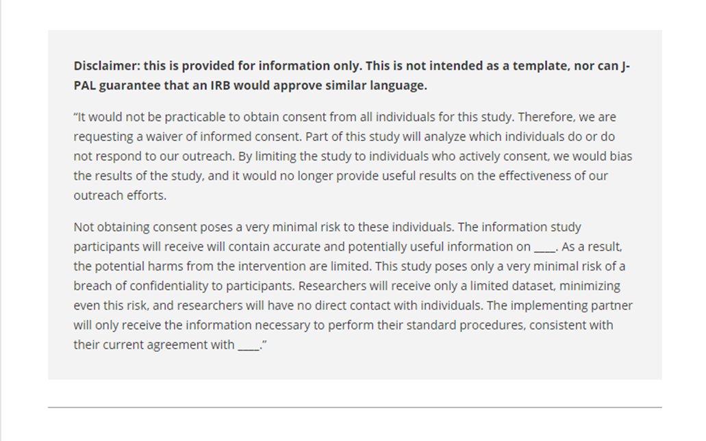 JPAL_NA's tweet photo. Many randomized evaluations require individual informed consent.
In specific cases with minimal risk, the IRB may approve to waive informed consent. Our #EvaluationToolkit has example language submitted to the IRB to waive informed consent
https://t.co/GIAbz3381b https://t.co/LO1KfjTM72