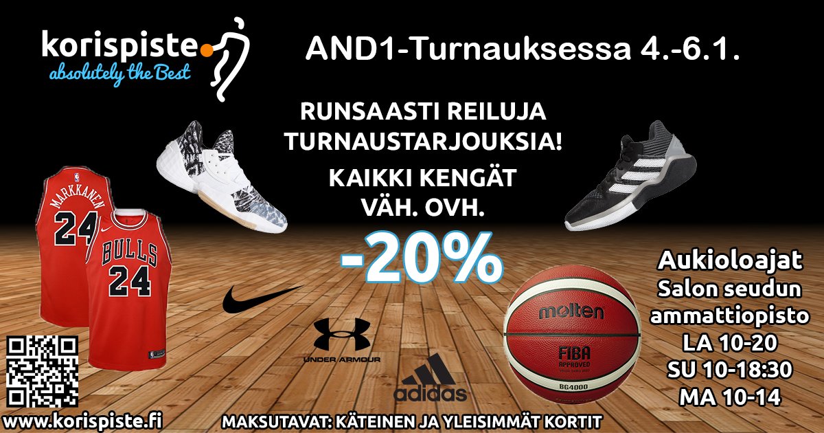 ❗️Korispiste mukana AND1-Turnauksessa 4.-6.1.❗️

Turnausmyymälämme löydät Salon seudun ammattiopistolta, osoitteesta Taitajankatu 6.

Aukioloajat
La 4.1. klo 10-20
Su 5.1. klo 10-18:30
Ma 6.1. klo 10-14

Malmin myymälämme palvelee maanantaina 6.1. poikkeuksellisesti klo 12-17.