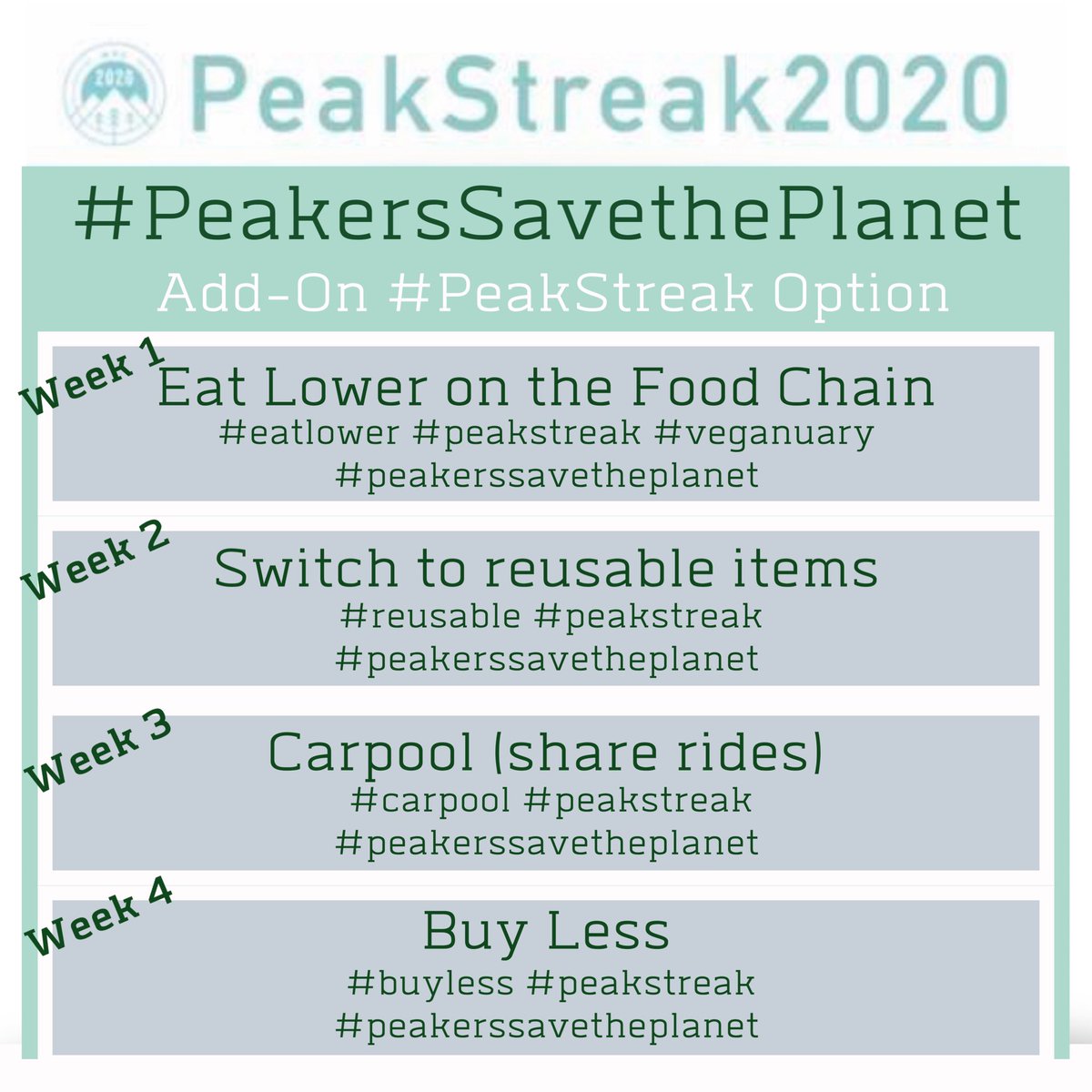 Join Us for a #peakstreak add-on! Take a picture and add appropriate hashtags! <a href="/SamHeughan/">Sam Heughan</a> <a href="/MyPeakChallenge/">My Peak Challenge</a> <a href="/FrenchPeakers/">French Peakers</a> <a href="/WaStatePeakers/">Washington State Peakers</a> <a href="/NashPeakers/">Nashville Peakers</a> <a href="/YogaPeakers/">YogaPeakers</a> <a href="/nepeakers/">Northeast Peakers 🍁❄️🌷🌳🇺🇸</a> <a href="/SoCalPeakers/">SoCal Peakers</a> #Veganuary #buyless #reusable #carpool