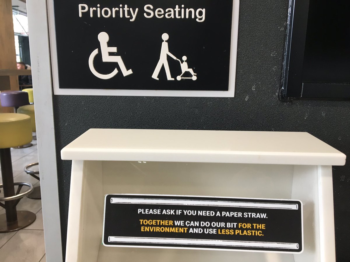 So @McDonalds has their ableist “please ask if you need a paper straw sign” directly below their “priority seating” accessibility sign. The clueless irony here is too rich. Also, paper straws, ew. @SFdirewolf #SuckItAbleism