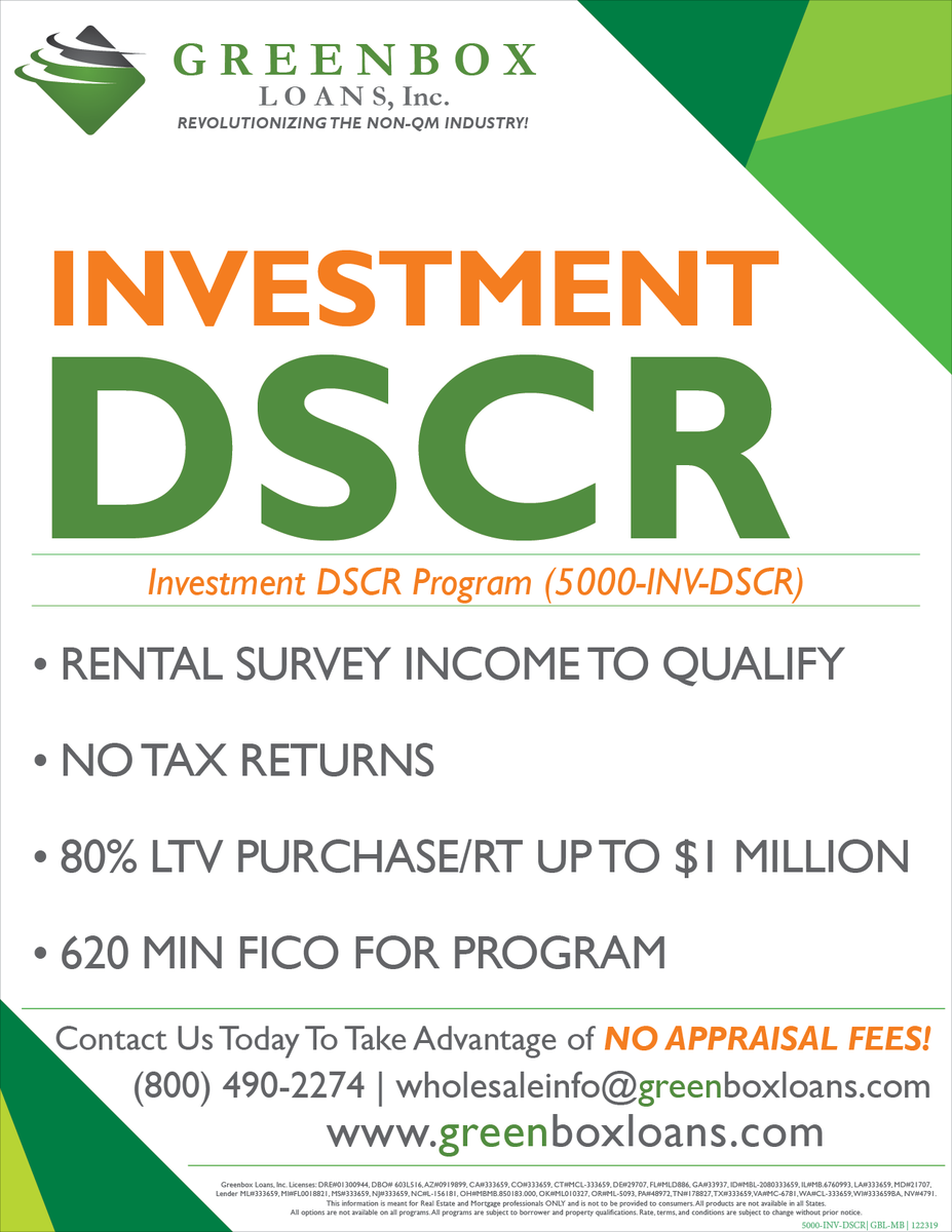 Greenbox_Loans's tweet photo. Investment DSCR Program π
β’ Rental Survey Income to Qualify
β’ No Tax Returns
β’ 80% LTV Purchase/RT up to $1 Million
β’ 620 MIN FICO for Program #nonqm #nonprime #InvestmentProperty #debtservicecoverageratio #DSCR https://t.co/ZUuxY6n8N8