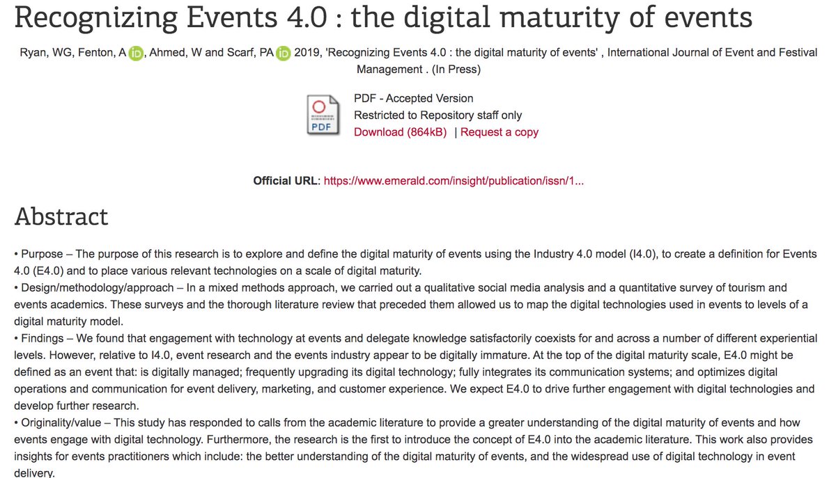 alexfenton's tweet photo. Pleased to say our paper, Recognizing Events 4.0 : the digital maturity of events has been accepted for the International Journal of Event and Festival Management! https://t.co/1kBSI3OAgv #CreativeEnt #Passion4Digital @was3210 @vikter13 @richdron @naomitimperley @AleksejHeinze https://t.co/HhQ3APU4aZ