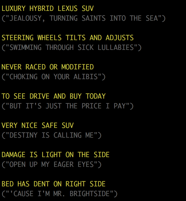 jamieabrew's tweet photo. @caveatnyc Mr Brightside + craigslist vehicle ads turned out great https://t.co/ku5FTE2C0G