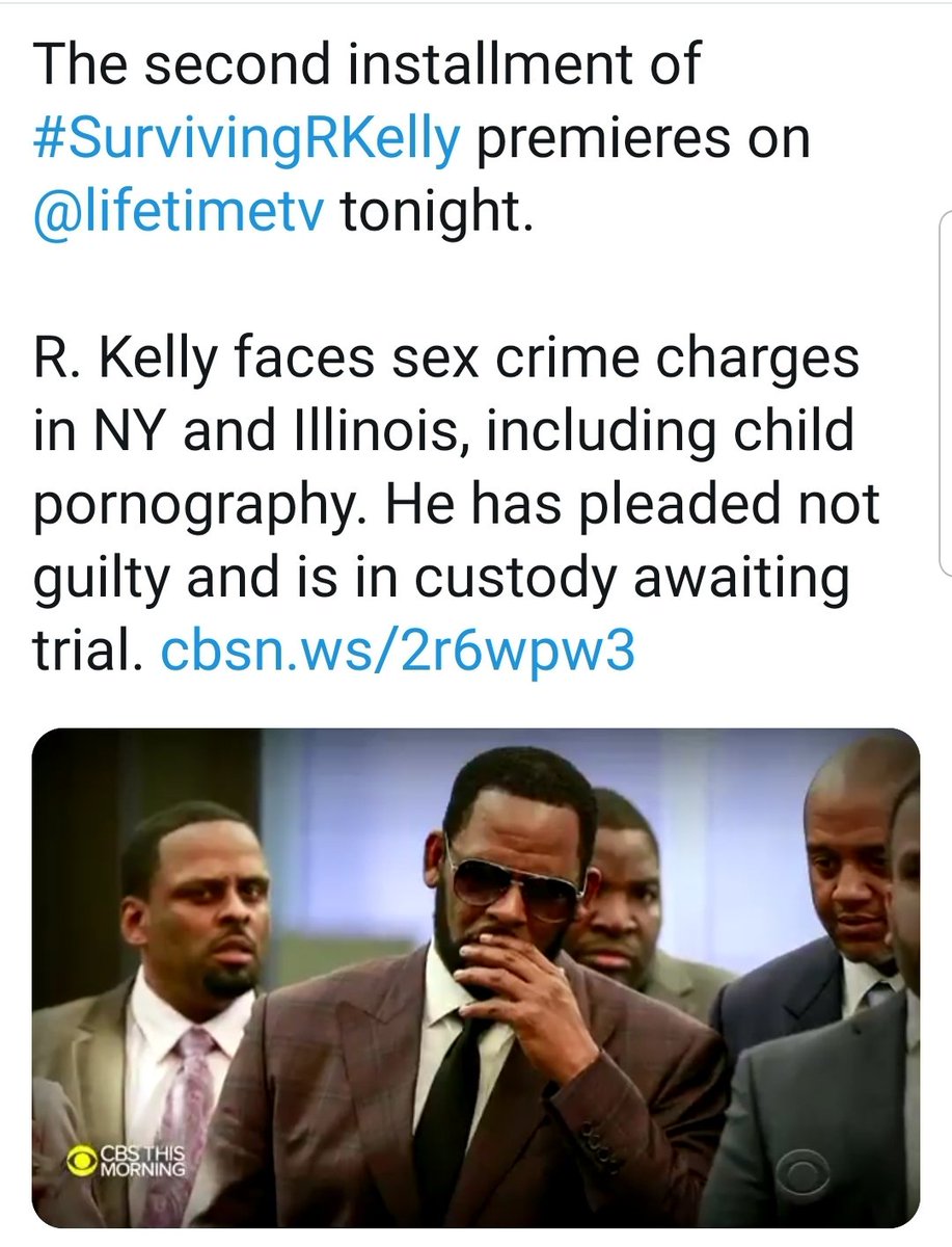 OffMuteRKelly's tweet photo. The 2nd installment of the docu-series on #RKelly's crimes airs TONIGHT on Lifetime. In "Surviving @RKelly Part Two: The Reckoning," we hear from survivor Dominique Gardner, sharing her story for the first time on camera. https://t.co/FUxsBbDs33
#MuteRKelly #Supportsurvivors https://t.co/jW21UvoFHR