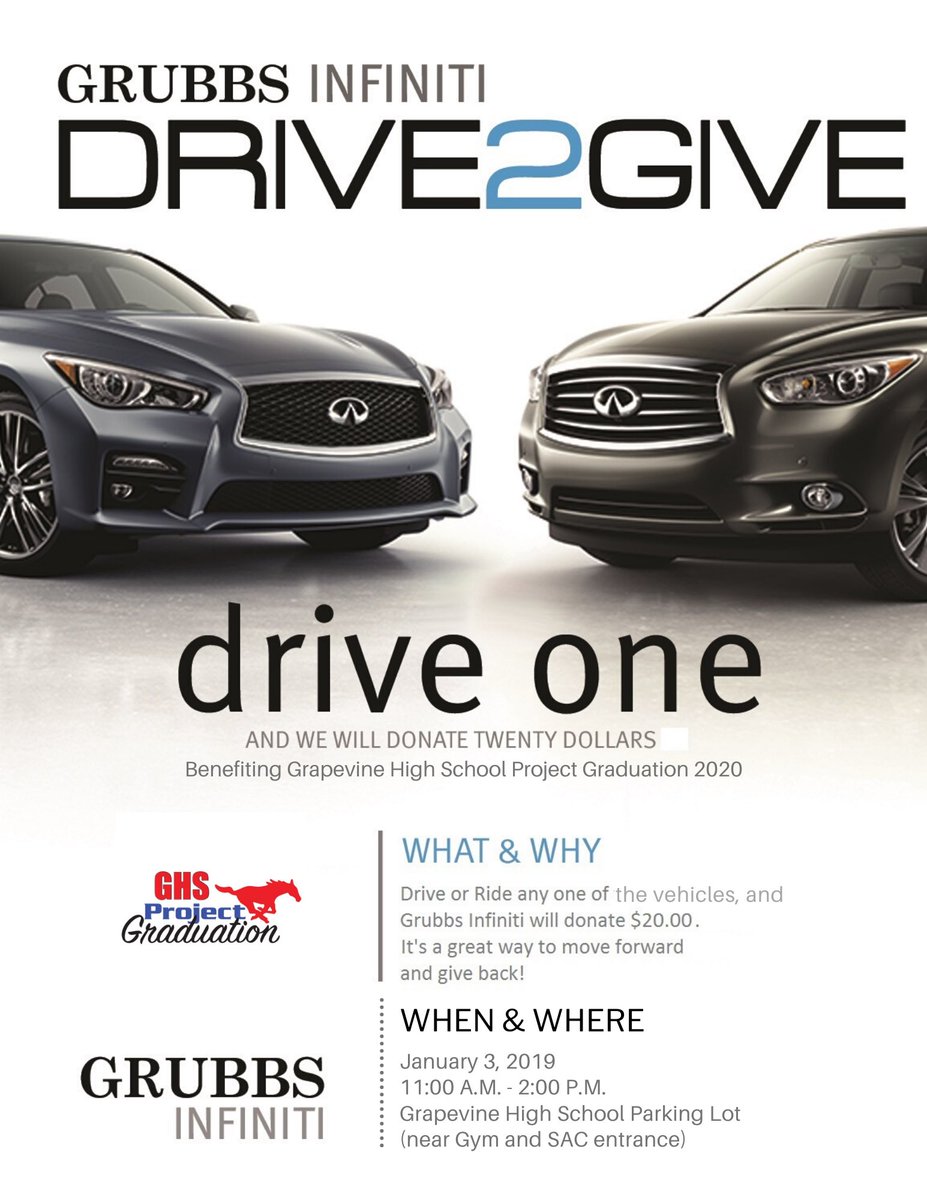 Join us tomorrow at the @GrubbsINFINITI Drive2Give at GHS from 11 am - 2 pm. Every time someone 18 or older drives or rides in one of the cars <a href="/GHSProject_Grad/">GHSProjectGraduation</a> earns $20 towards our goal of providing a safe, fun, &amp; FREE night for our graduating seniors!  facebook.com/events/2540102…