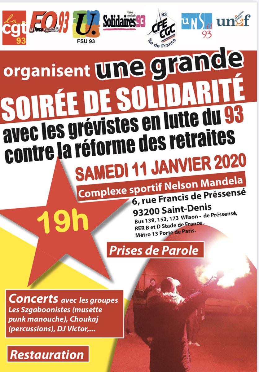 Ne rien lâcher en 2020 !
Manifestons le 4 janvier après-midi ; Soyons nombreux en greve et dans la rue le 9 janvier ;
Retrouvons nous le 11 janvier pour une soirée de solidarité, unitaire, avec les salariés du 93 en grève.