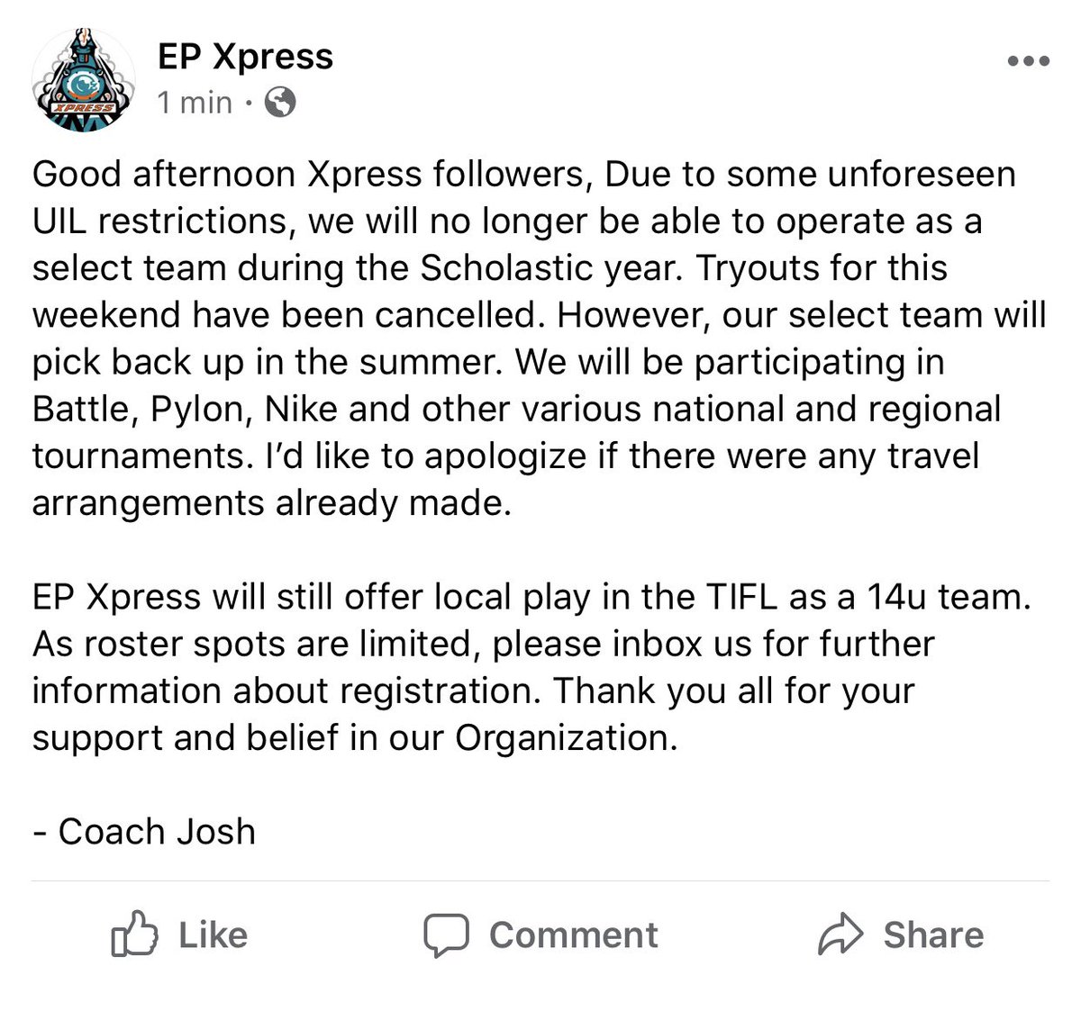 7v7Ep's tweet photo. No tryouts this weekend but we are here to stay. https://t.co/RPGfqOxCza