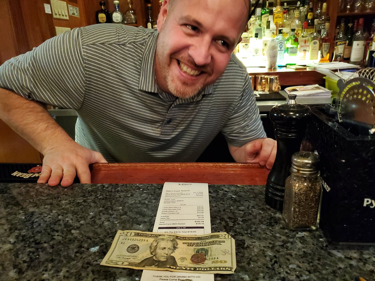 ABjuliesimmons's tweet photo. @DonnieWahlberg took you up on your challenge. Sorry couldn't do $ 2,020.00 but I figured $20.20 was close enough ...?😃😃😃 made the bartender happy! @NikosTaverna https://t.co/CgAhODfCja