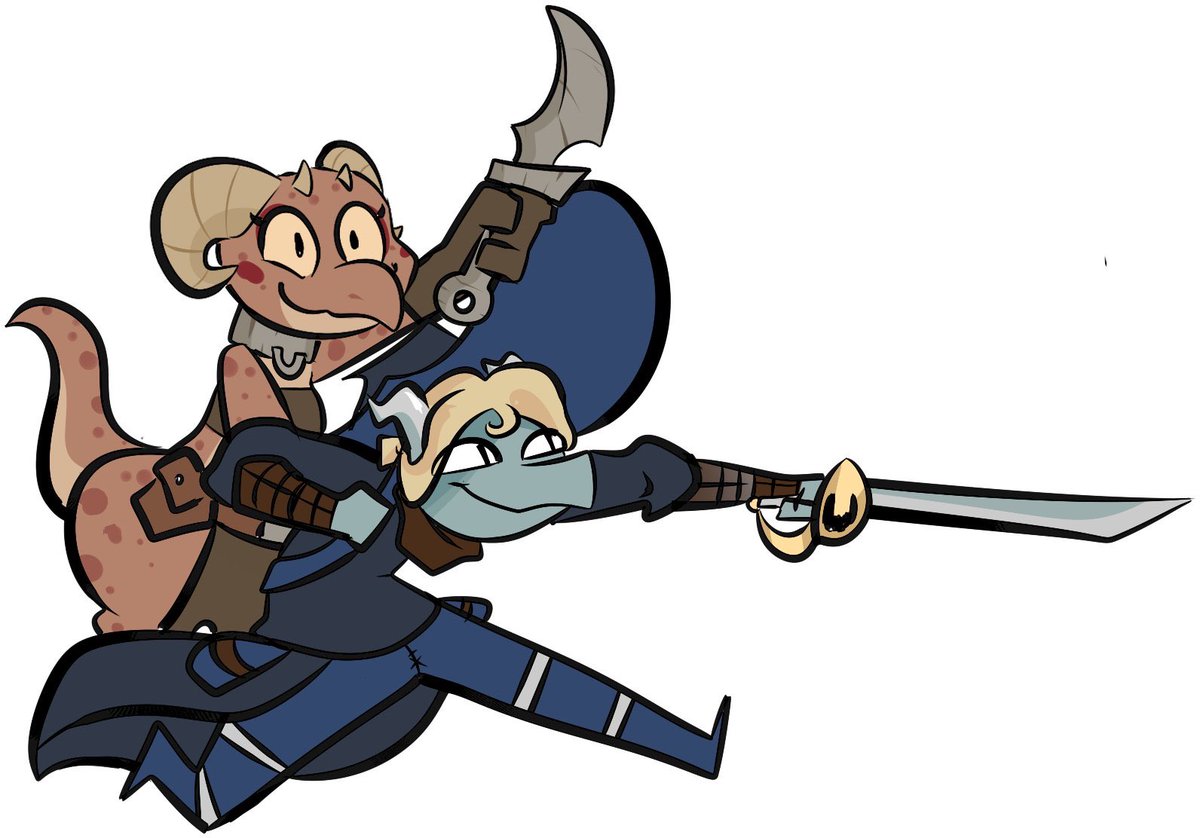 FictitiousLore's tweet photo. Eventually she meets Pseftis, a dragonborn bard/con-artist who's down on his luck, and he takes her underneath his wing. He protects her, teaches her, and feeds her. Together they become the ultimate-mediocre criminal duo... with Pseftis as the brains and Piko as the brawn. (4/4) https://t.co/XU9hPgi58A