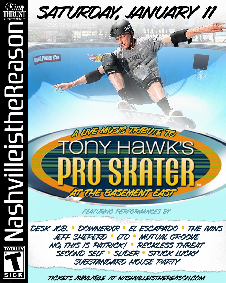 Excited to announce some of the artists that will be performing at A Live Music Tribute to Tony Hawk's Pro Skater at Basement East on Saturday, January 11th!

🎟️: nashvilleisthereason.com/tonyhawk