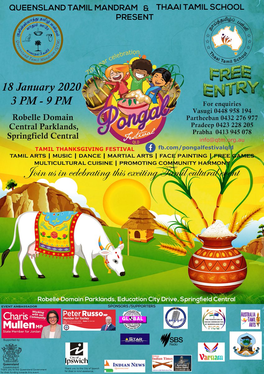 QLDPongal's tweet photo. Thank you Queensland Government @QldGov @MulticulturalQ for supporting Pongal Festival Queensland 2020. 18 Jan Saturday 3 PM Robelle Domain @springfieldQLD https://t.co/AnaR0tCbAt
#MQCharter #MAQgrants #multiculturalqld #CMQgrants
#QLDPongal #PongalQLD2020 #பொங்கல்2020 https://t.co/aprTbGrhIB