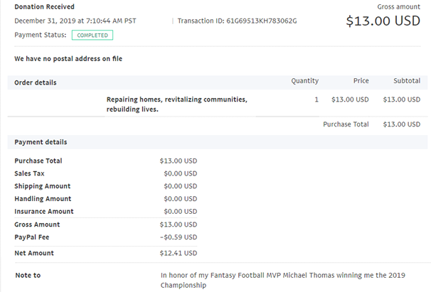 Special thanks to <a href="/Cantguardmike/">Michael Thomas</a> for winning a #Rebuilder his fantasy football league. He made a donation in your honor! <a href="/Saints/">New Orleans Saints</a>