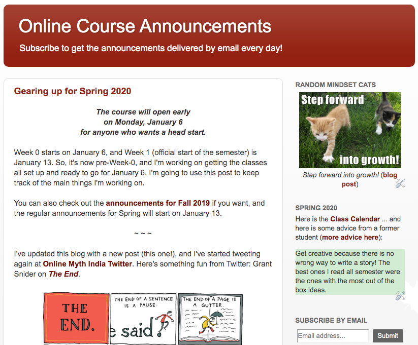 screenshot of class announcements blog showing random advice from a student