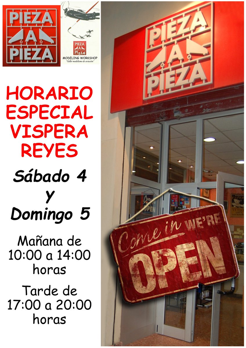 PiezaaPiezaMS's tweet photo. HORARIO ESPECIAL CAMPAÑA NAVIDEÑA 2019, FIN DE SEMANA VÍSPERA DE REYES

Recordamos el horario de apertura especial del próximo fin de semana (sábado 4 y domingo 5 de Enero - víspera de Reyes). Ambos días por la mañana de 10:00 a 14:00 horas y por la tarde de 17:00 a 20:00 horas https://t.co/uY6iW6zrWH