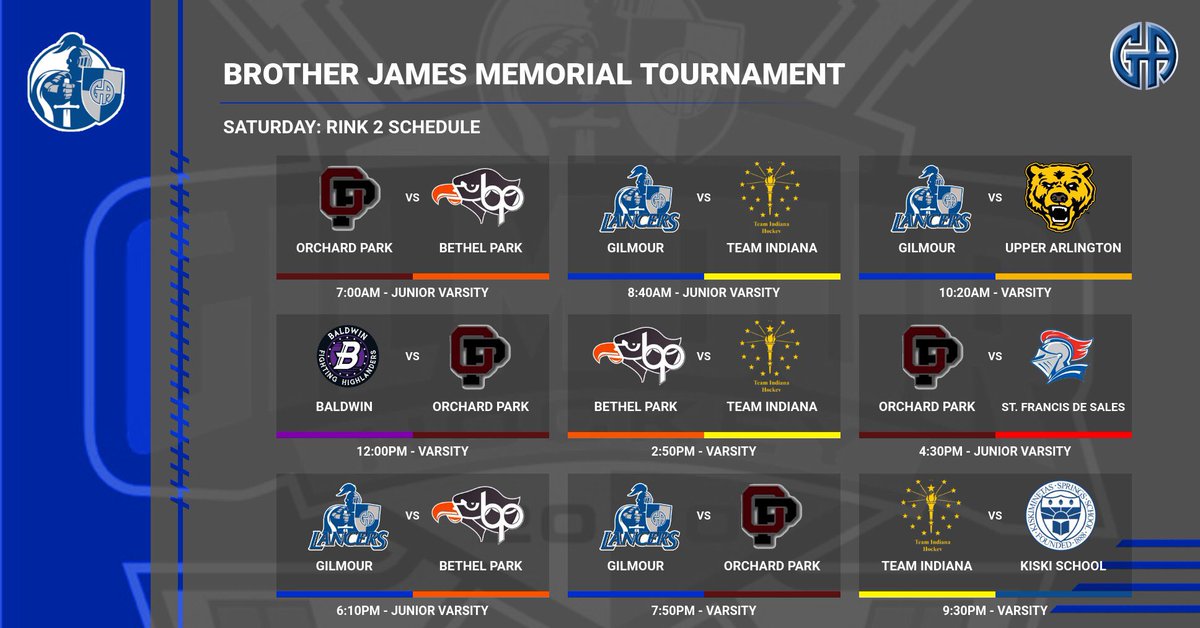IsaacPxP27's tweet photo. Here is the schedule for the 
2020 Brother James Memorial Tournament: 
@GALancerHockey @UA_Ice_Hockey @KiskiAthletics @CPHockey1 @SFSAthletics @TeamIndianaHcky @OP_Fed @BP_BlackHawks https://t.co/HZUf5WlljX