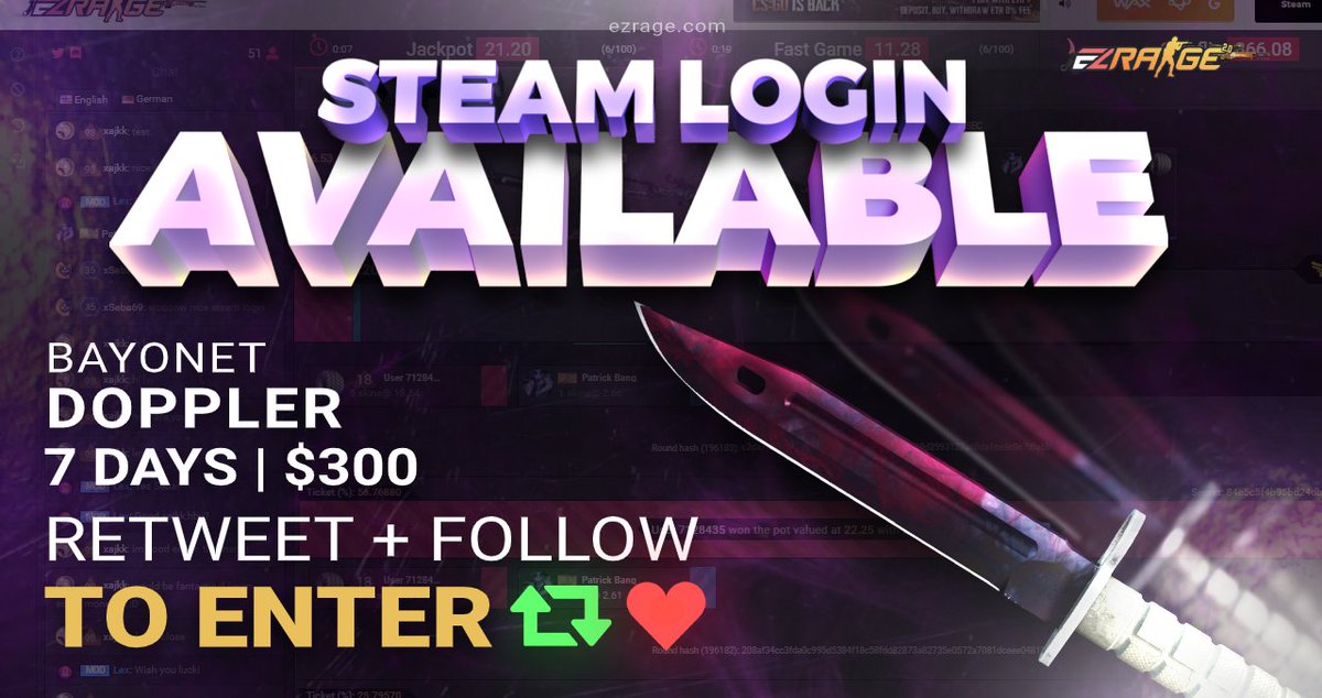 EZRagecom's tweet photo. 🎁 Bayonet | Doppler (Factory New) - $300.00 Giveaway 🎁

- https://t.co/1SMbDtwlcZ finally added direct stream login 😎
- Retweet
- Follow us
- Login atleast once

You can also deposit CS:GO skins now (explained in the deposit tab) 🔥 #CSGOGiveaway

Rolling in 7 days! https://t.co/4g1qoE35bs