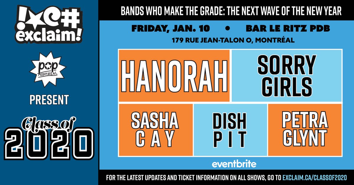 dan burke (@rockscarred) on Twitter photo MTL best of January !
<a href="/popmontreal/">POP Montréal</a> + <a href="/exclaimdotca/">Exclaim!</a> presents Class Of 2020 <a href="/barleritzpdb/">Bar Le Ritz P.D.B.</a> feat. <a href="/hanorahmusic/">Hanorah</a>, #SorryGirls (<a href="/arbutusrecords/">Arbutus Records</a>), <a href="/PetraGlynt/">Petra Glynt</a>, <a href="/dish_pit/">Dish Pit</a>, #SashaCay > facebook.com/events/1235600…
Adv. TICKETS on sale <a href="/eventbrite/">Eventbrite</a> > eventbrite.com/e/class-of-202… MTL best of January !
<a href="/popmontreal/">POP Montréal</a> + <a href="/exclaimdotca/">Exclaim!</a> presents Class Of 2020 <a href="/barleritzpdb/">Bar Le Ritz P.D.B.</a> feat. <a href="/hanorahmusic/">Hanorah</a>, #SorryGirls (<a href="/arbutusrecords/">Arbutus Records</a>), <a href="/PetraGlynt/">Petra Glynt</a>, <a href="/dish_pit/">Dish Pit</a>, #SashaCay > facebook.com/events/1235600…
Adv. TICKETS on sale <a href="/eventbrite/">Eventbrite</a> > eventbrite.com/e/class-of-202…
