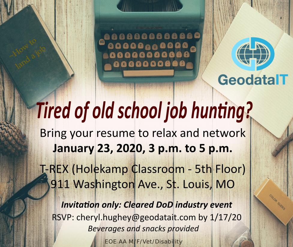 GeodataIT's tweet photo. It's a happy hour about YOU. Bring your resume, chill and tell us what you're looking to achieve in 2020. If you have an active secret or TS cleared professional, please RSVP to the email on the invite.  

https://t.co/YKdmE7PPqF (more jobs coming)

EOE AA M/F/Vet/Disability https://t.co/jKJCNmQUrW