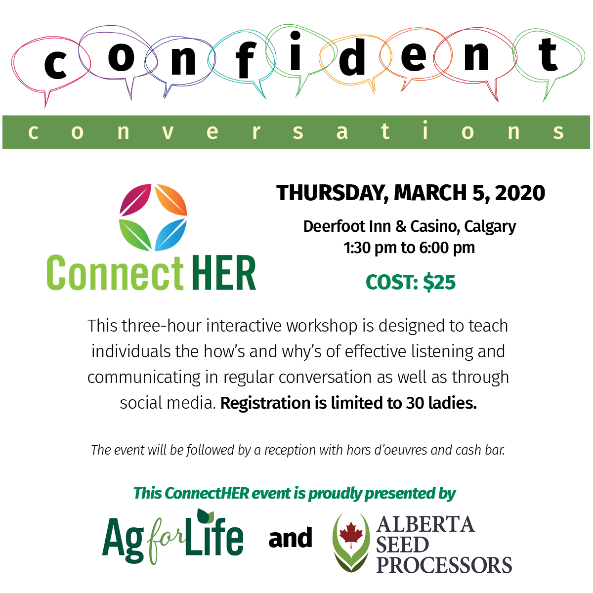 4AgForLife's tweet photo. Tickets are on sale now for Confident Conversations. Register today to ensure you don't miss out on this exciting workshop teaching effective communication skills. https://t.co/MyOAa6gEqe
Presented by Ag for Life & @abseedpro
#ThinkAg #Womeninag #AlbertaAg #Agcommunication https://t.co/ikP75EHwo6